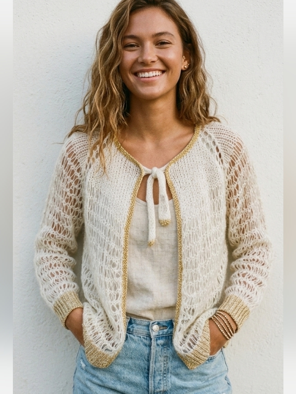 Vintage hand knit see through open front cardigan beige Small @A7